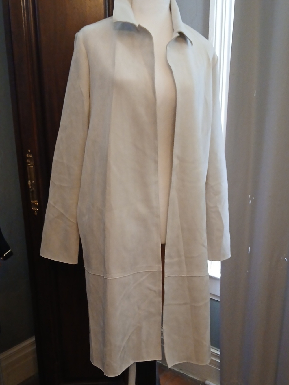 Philosophy Light Beige Faux Suede Open-Front Trench Coat with Stand Collar M